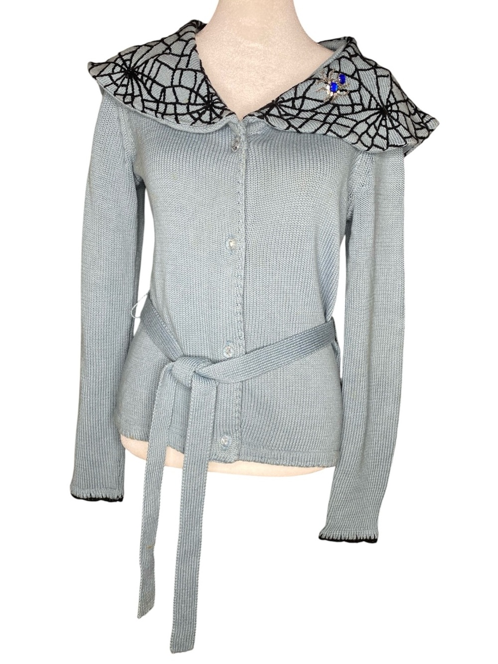 Vintage Michael Simon Light Blue Knit Belted Spiderweb Cardigan Sweater- Size S